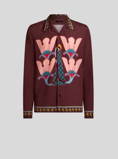 ETRO , SILK SHIRT WITH PLACED PRINT, MAN, BURGUNDY, SIZE XXL