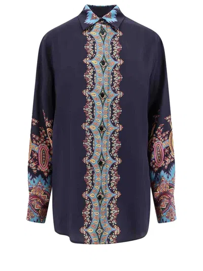 Etro Silk Shirt With Placed Print In Multi