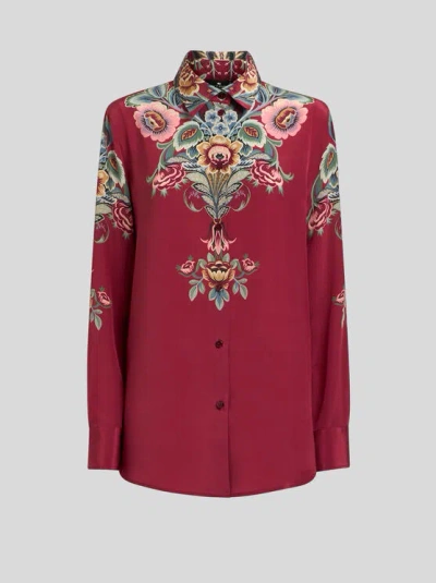ETRO , SILK SHIRT WITH PLACED PRINT, WOMAN, DARK PINK, SIZE 50