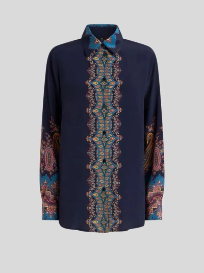 ETRO , SILK SHIRT WITH PLACED PRINT, WOMAN, BLUE, SIZE 50