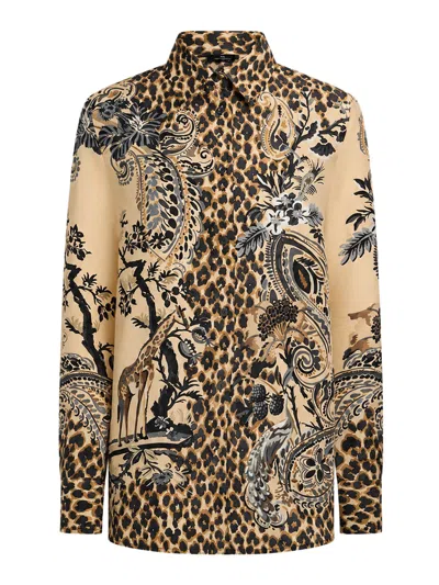 Etro Silk Shirt With Placement Leopard Print In Nude & Neutrals