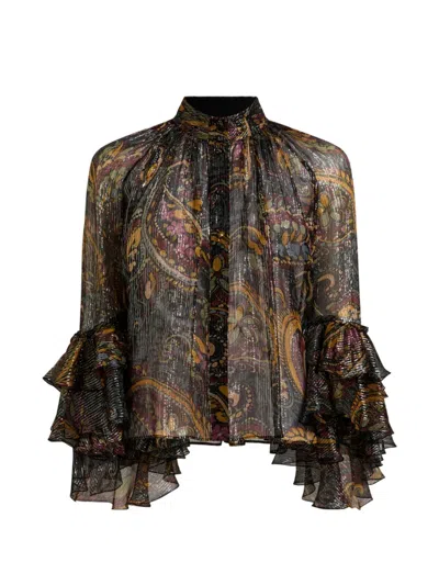 Etro Silk Shirt With Ruffle And Striped Floral Paisley Motif In Black