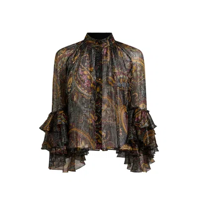 Etro Silk Shirt With Ruffle And Striped Floral Paisley Motif In Multi