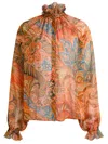 Etro Sheer Chiffon Shirt Paisley Ruffle Neckline In Multi