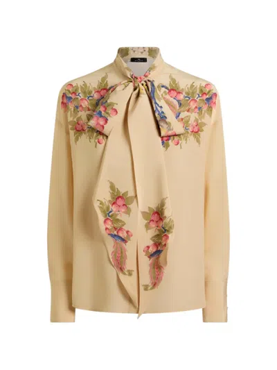 Etro Silk Shirt With Silk Scarf And Placed Floral Print In Neutral