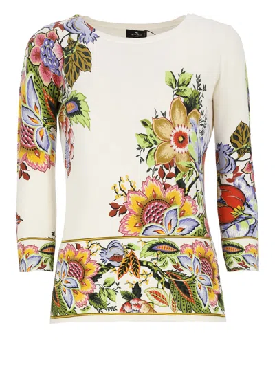 Etro Tree Of Life 3/4-sleeve Stampa Croce Pullover In Ivory
