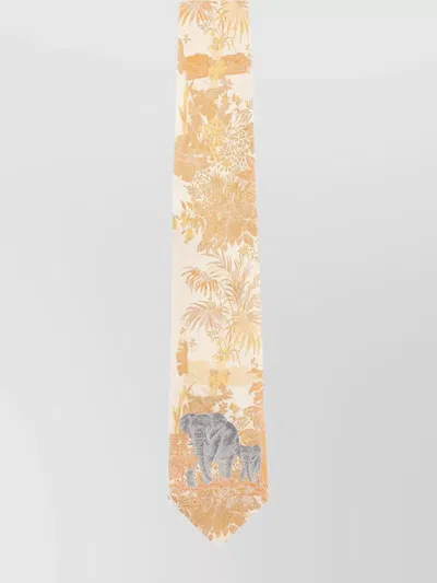 Etro Silk Tie With Embroidered Botanical Pattern And Elephant Motif In Gold