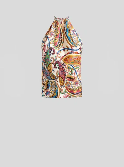 Etro Women Silk Top With American Neckline And Floral Paisley Pattern In Multi