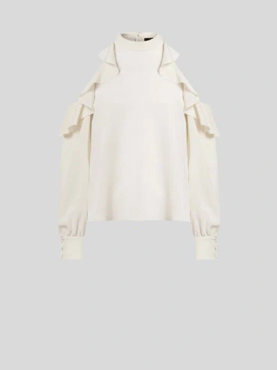ETRO , SILK TOP WITH OPEN SHOULDERS AND RUFFLES, WOMAN, WHITE, SIZE 48