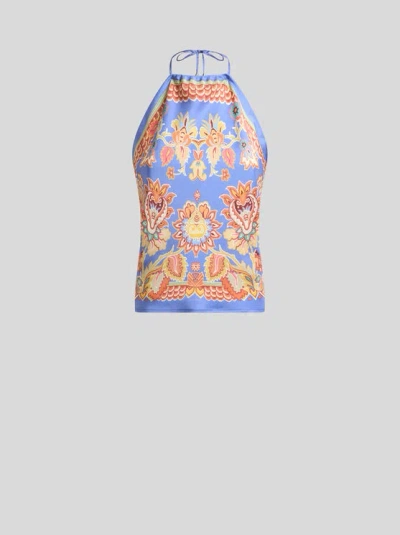 Etro , Silk Top With Print, Woman, Powder Blue