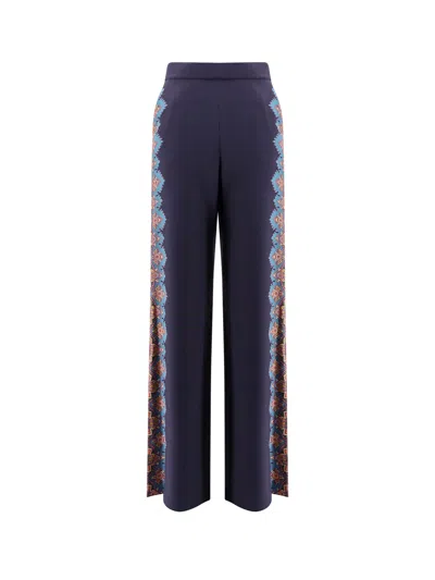 Etro Floral Print Silk Trousers In Blue