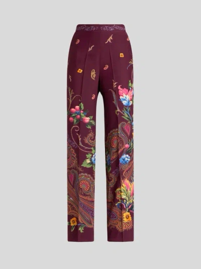Etro , Hose Aus Seide Mit Mikromuster Und Platziertem, Floralem Paisley-druck, Damen, Rot, Grösse 38 In Burgundy