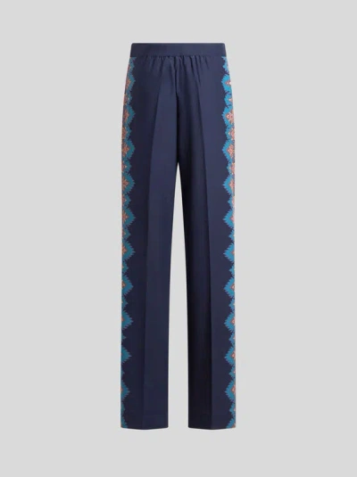 Etro , Silk Trousers With Placed Print, Woman, Blue, Size 50
