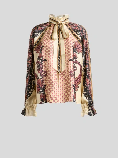 Etro , Silk Twill Blouse With Silk Scarf And Floral Geometric Motif, Woman, Beige, Size 42 In Multi