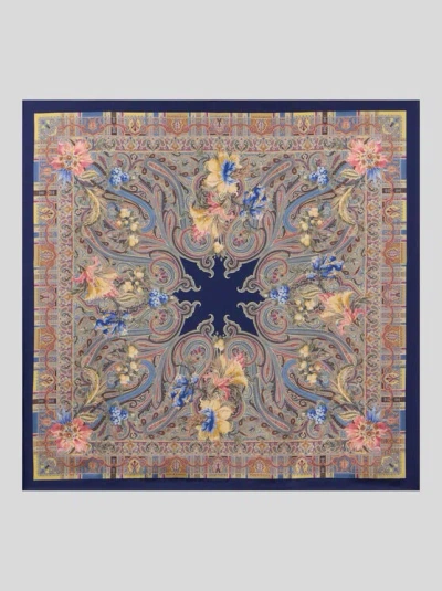 Etro , Silk Twill Scarf With Floral Paisley And Medallion Motif, Woman, Blue In Multi