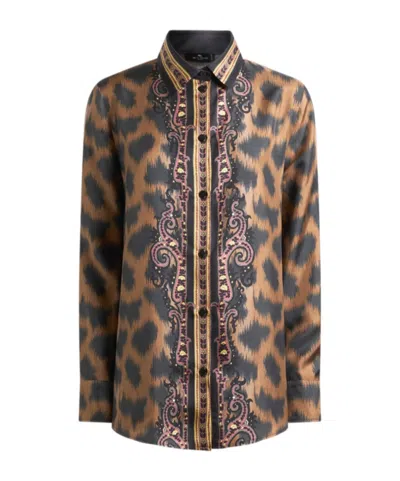 Etro Silk Twill Shirt With Animal Motif In Multi