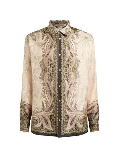 Etro Silk Twill Shirt With Placed Pegaso-print In Neutral
