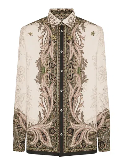 Etro Silk Twill Shirt With Placed Pegasus Print In Neutral