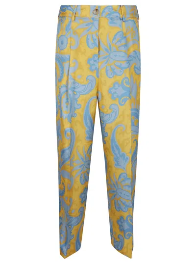 Etro Silk Twill Tailored Trousers With Floral Paisley Print In Blue