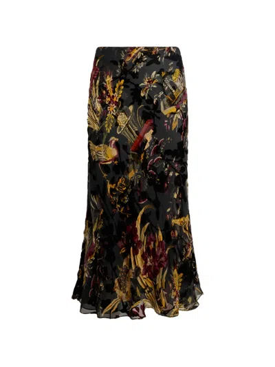 Etro Silk-blend Burnout Velvet Midi Skirt With Flower And Animal Motif In Black