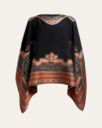 Etro Silk-blend Poncho Top With Fil-coupe Embroidery In Black