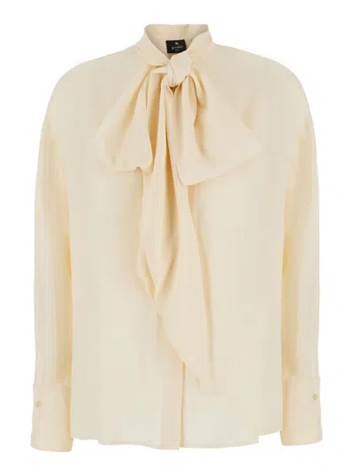 Etro Silk-blend Shirt With Integrated Scarf Collar And Tone-on-tone Jacquard Motif In Neutral