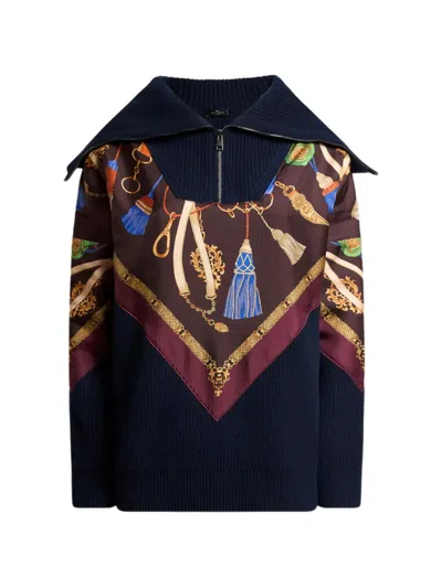 Etro Silk-panelled Quarter-zip Wool Sweater In Blue
