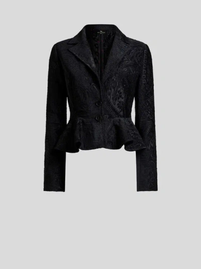 Etro , Single-breasted Chenille Jacquard Jacket With Floral Paisley Motif, Woman, Black, Size 50