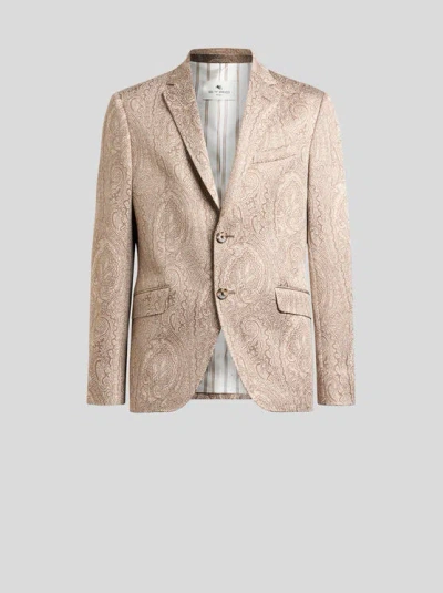 Etro , Single-breasted Cotton-blend Jacquard Jacket With Arnica Motif, Man, Beige, Size 62 In Neutral