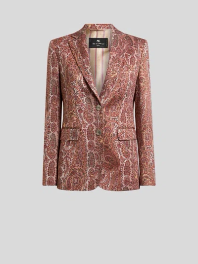 Etro , Single-breasted Cotton-blend Jacquard Jacket With Paisley Foliage Motif, Woman, Red, Size 44 In Pink