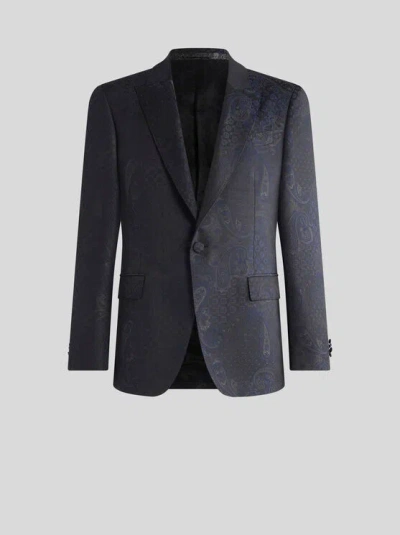 Etro , Single-breasted Cotton-blend Jacquard Jacket With Paisley Motif, Man, Black, Size 54