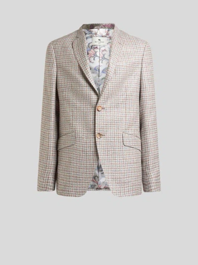 Etro , Single-breasted Jacket In Wool-blend Basketweave, Man, Beige, Size 50 In Brown