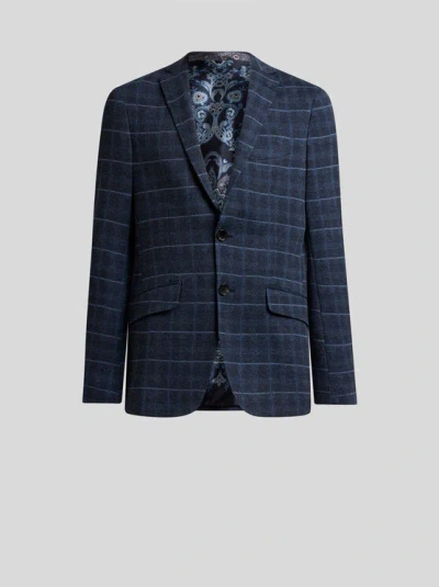 ETRO , SINGLE-BREASTED JACKET WITH CHECK MOTIF, MAN, BLUE, SIZE 46