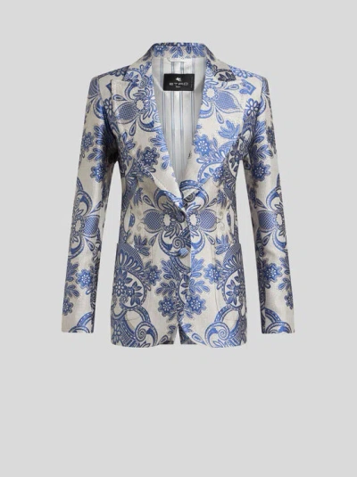 Etro Single-breasted Jacket With Lace Motif In Navy Blue