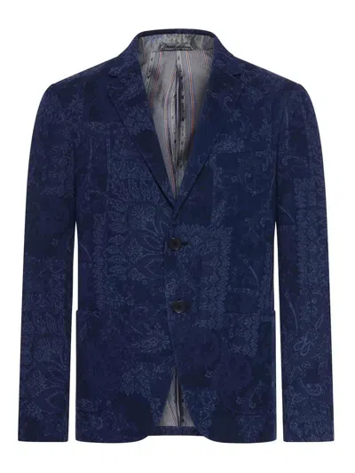Etro Men Single-breasted Jacquard Cotton Jacket With Floral Pattern In Blue