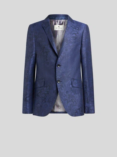 Etro , Single-breasted Linen And Cotton Jacquard Jacket With Floral Paisley Motif, Man, Blue, Size 62