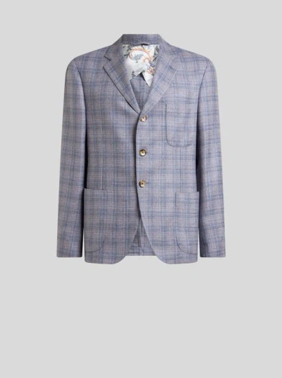 Etro , Single-breasted Silk And Wool Mouliné Jacket With Check Motif, Man, Purple, Size 60