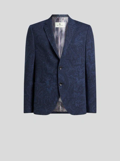 Etro , Single-breasted Stretch Cotton-blend Jacket With Paisley Motif, Man, Blue, Size 60