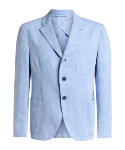 Etro Single-breasted Striped Cotton Jacket With Floral Paisley Motif In Blue