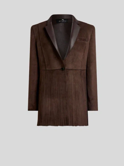 Etro , Single-breasted Suede Jacket With Fringing, Woman, Dark Brown, Size 46