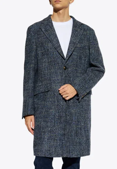 Etro Single-breasted Wool Blend Coat In Blue