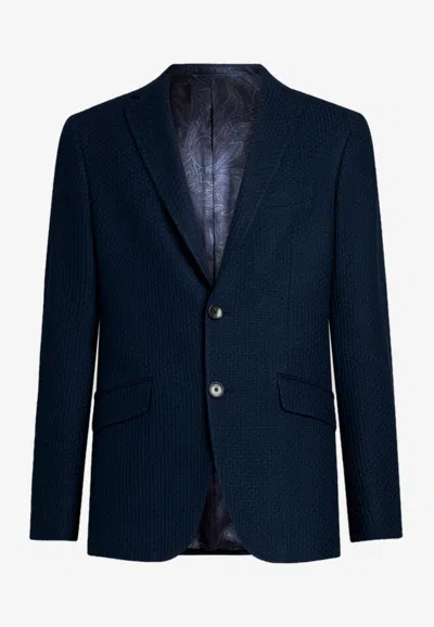 Etro Single-breasted Worked Weave Blazer In Blue