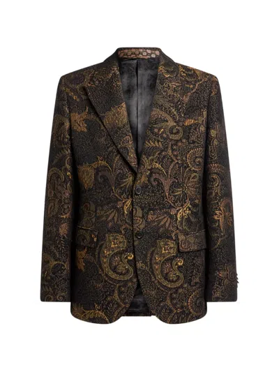 Etro Single-breasted Chenille Jacquard Jacket With Floral Paisley Motif In Black