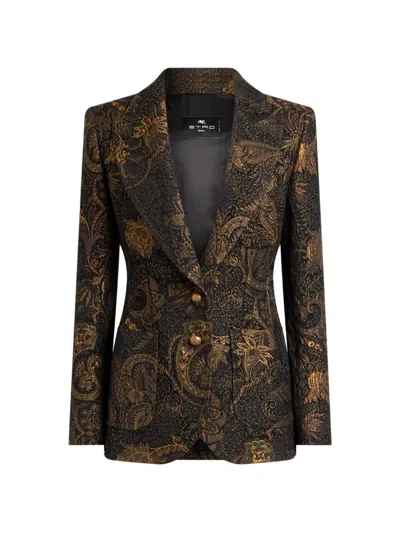 Etro Single-breasted Chenille-jacquard Jacket With Floral-paisley Motif In Black