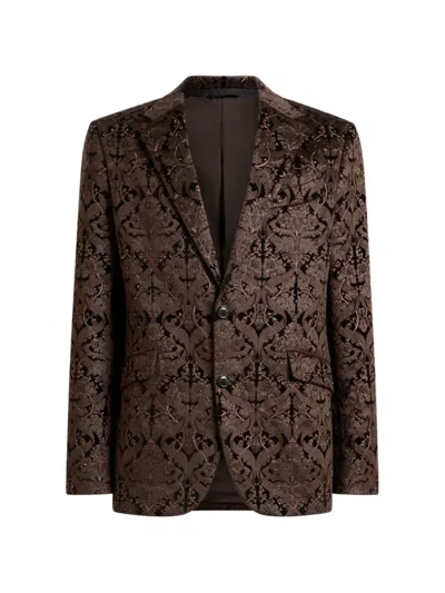 Etro Single-breasted Cotton Jacket With Crystals And Damask Motif In Brown