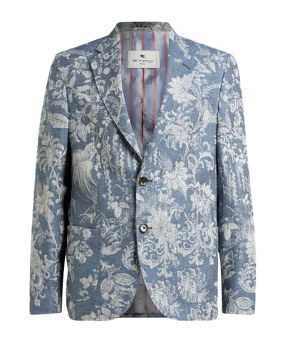 Etro Single-breasted Cotton Jacquard Jacket With Floral Motif In Blue