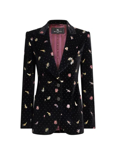 Etro Single-breasted Cotton Velvet Jacket With Flower And Animal Motif In Black
