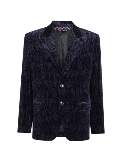 Etro Single-breasted Cotton Velvet Jacket With Paisley Overprint In Blue