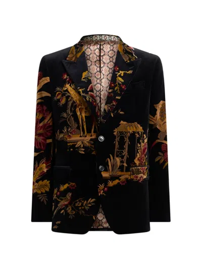 Etro Single-breasted Cotton Velvet Jacket With Placed Flower And Animal Print In Multi