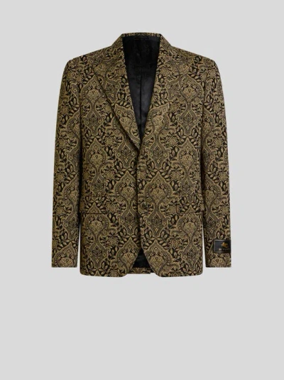 Etro , Single-breasted Cotton-blend Jacquard Jacket With Floral Motif, Man, Black, Size 62 In Green
